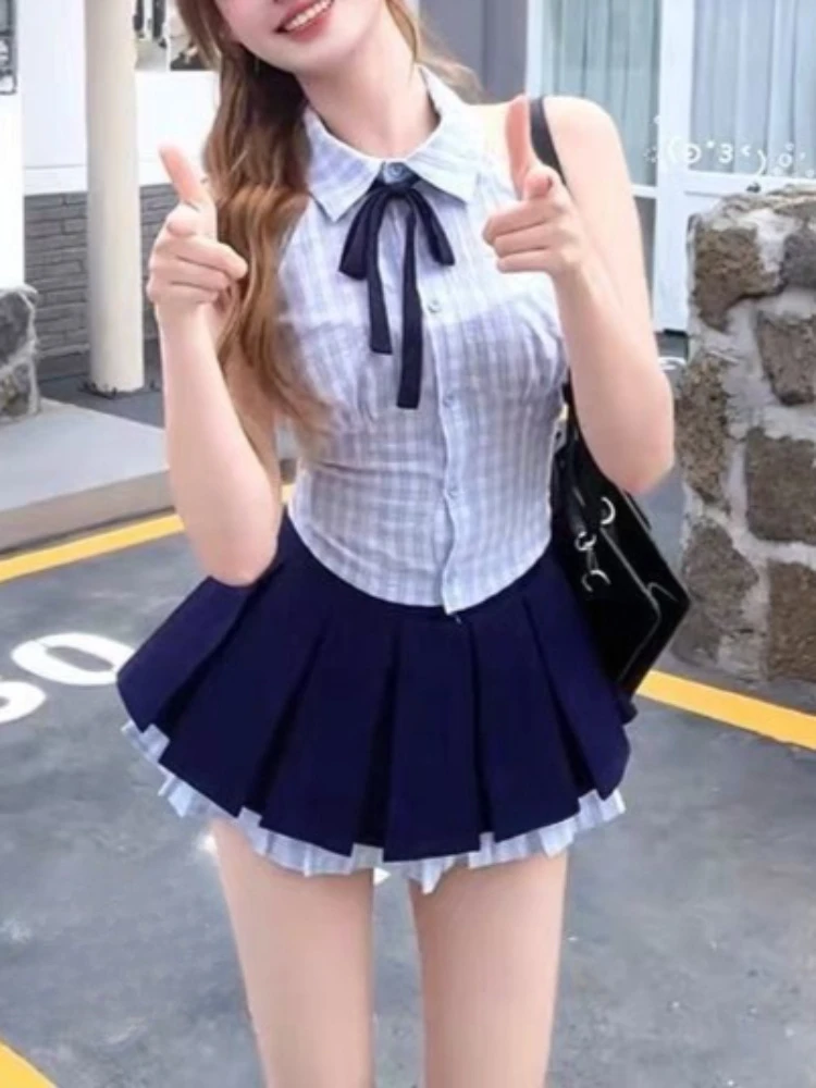 New Summer Korean Preppy 2 Piece Set Women JK Spicy Girl Plaid Halter Tops + Solid Mini Skirt Female Chic Korean Popular Clothes
New Summer Korean Preppy 2 Piece Set Women JK Spicy Girl Plaid Halter Tops + Solid Mini Skirt Female Chic Korean Popular Clothes