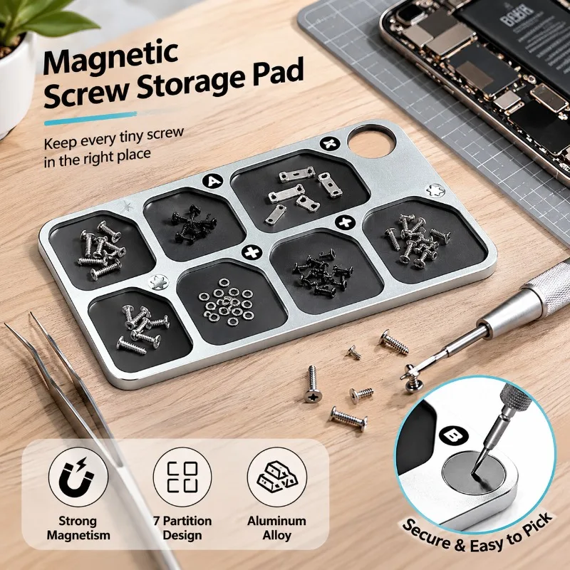 Heavy Duty Aluminum 7-Grid Magnetic Screw Tray Anti-slip Design for Electronic Repair and Hardware Sorting
Heavy Duty Aluminum 7-Grid Magnetic Screw Tray Anti-slip Design for Electronic Repair and Hardware Sorting