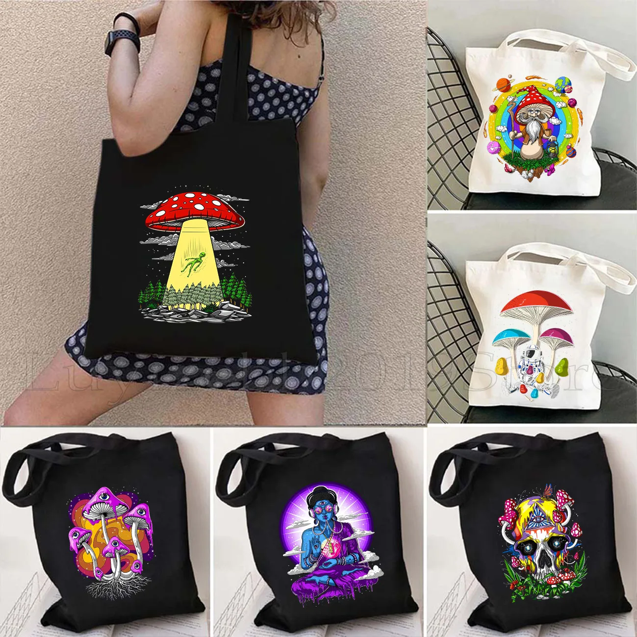 Forest Magic Psychedelic Aliens Stoners Hippie Skull Mushroom Space Astronaut Canvas Shoulder Tote Bag Harajuku Shopper Handbag
Forest Magic Psychedelic Aliens Stoners Hippie Skull Mushroom Space Astronaut Canvas Shoulder Tote Bag Harajuku Shopper Handbag