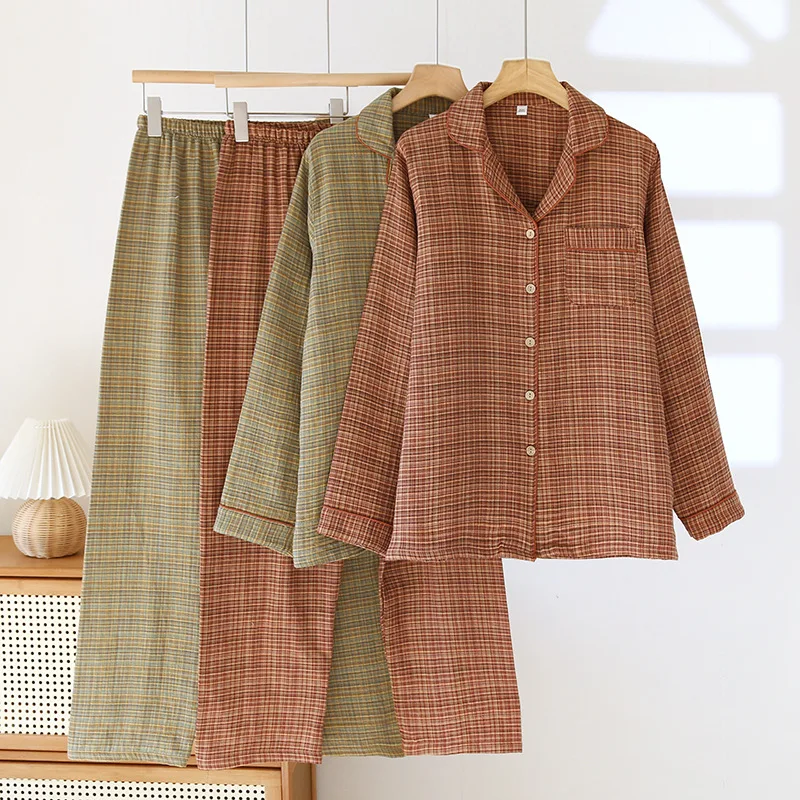 Cotton Soft Skin-friendly Jacquard Double-layer Gauze Pajamas for Women Turn-down Collar Long Sleeve Trousers Loungewear 2 Piece
Cotton Soft Skin-friendly Jacquard Double-layer Gauze Pajamas for Women Turn-down Collar Long Sleeve Trousers Loungewear 2 Piece