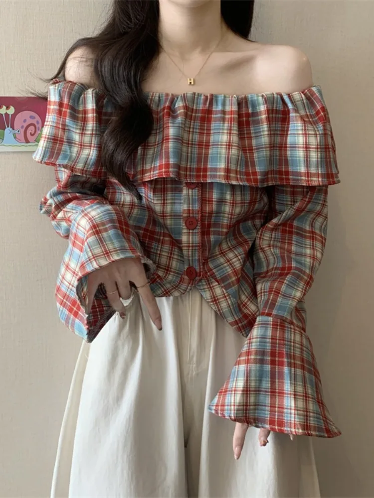 Американский клетчатый топ с рюшами на плечах и рукавами-колокол, женский, для ранней весны, с открытыми плечами, укороченный, маленький размер
Американский клетчатый топ с рюшами на плечах и рукавами-колокол, женский, для ранней весны, с открытыми плечами, укороченный, маленький размер