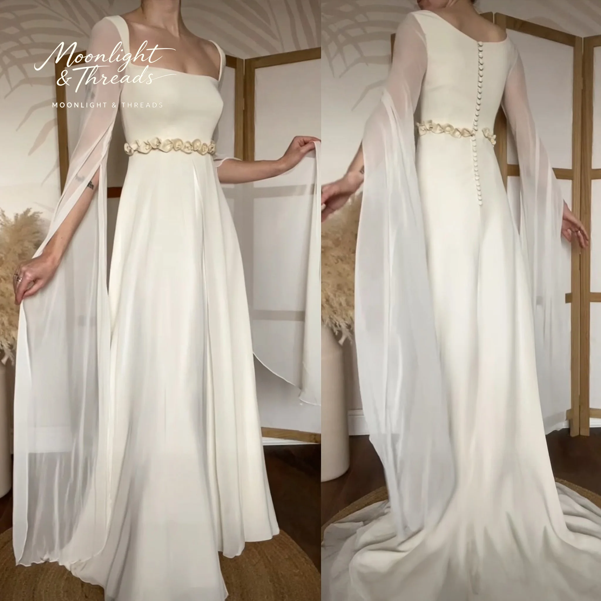 Ivory floor-length formal wedding gown featuring a square neckline long sleeves and waist appliqué
Ivory floor-length formal wedding gown featuring a square neckline long sleeves and waist appliqué