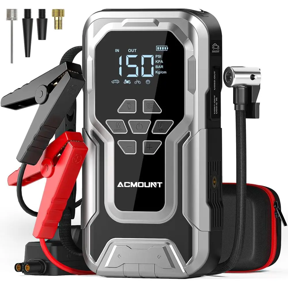 6000A Portable Car Jump Starter with Air Compressor, 150PSI Tire Inflator, and Emergency Kit
6000A Portable Car Jump Starter with Air Compressor, 150PSI Tire Inflator, and Emergency Kit