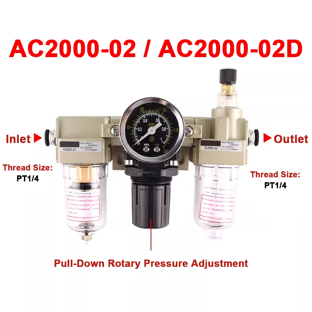 SMC Type AC2000-02 1/4" Pressure Regulator Gauge Air Compressor Filter Oil Moisture Separator For Water Filters Dehumidifier
SMC Type AC2000-02 1/4" Pressure Regulator Gauge Air Compressor Filter Oil Moisture Separator For Water Filters Dehumidifier