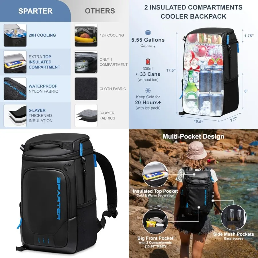Backpack Cooler Insulated Leak Proof/ s, 2 Insulated Compartments Thermal Bag, Portable Lightweight Beach Travel Camping Lunch
Backpack Cooler Insulated Leak Proof/ s, 2 Insulated Compartments Thermal Bag, Portable Lightweight Beach Travel Camping Lunch
