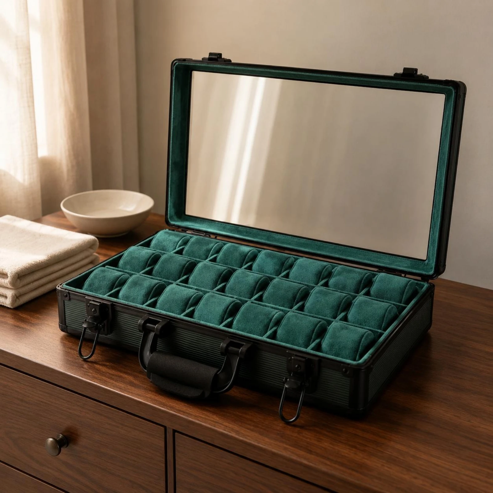 Watch Display Case 24-Slot Watch Case Storage Windowed Lid Metal Latches
Watch Display Case 24-Slot Watch Case Storage Windowed Lid Metal Latches