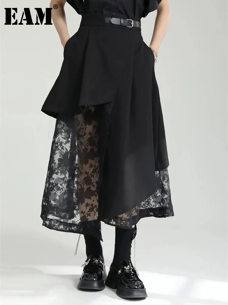 

[EAM] High Elastic Waist Black Spliced Mesh Irregular Casual Half-body Skirt Women Fashion Tide New Spring Autumn 2024 1DF6873