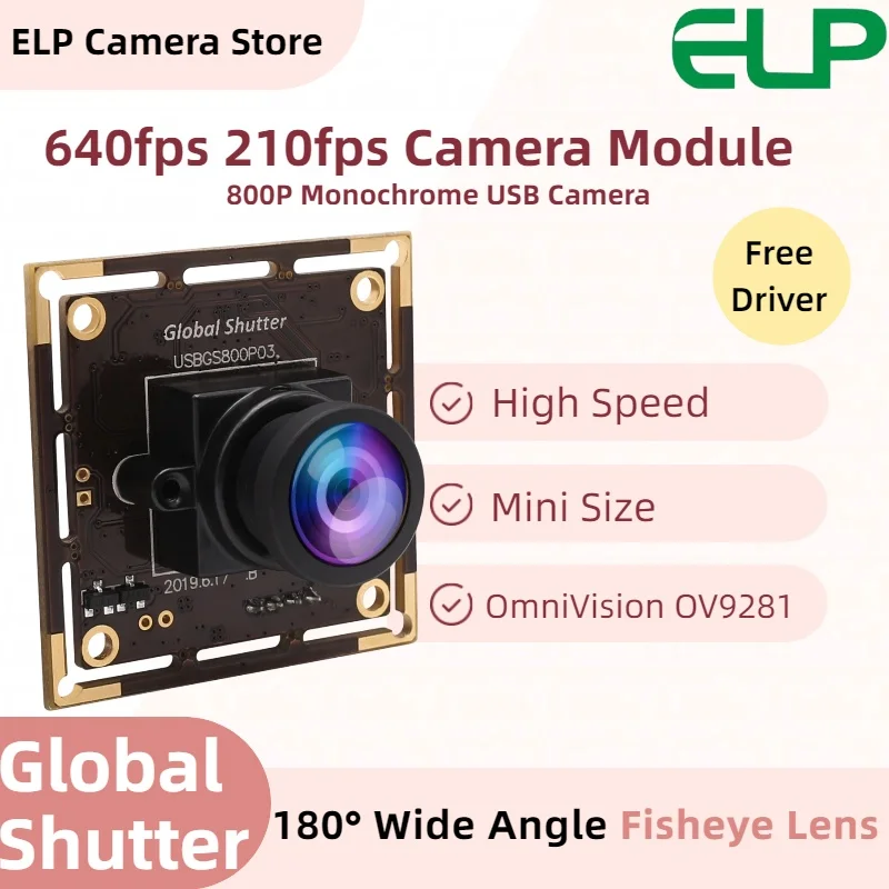 ELP 800P Global Shutter High Speed Webcam OV9281 120/210FPS Monochrome Wide Angle Fisheye for Fast Moving Objects
ELP 800P Global Shutter High Speed Webcam OV9281 120/210FPS Monochrome Wide Angle Fisheye for Fast Moving Objects
