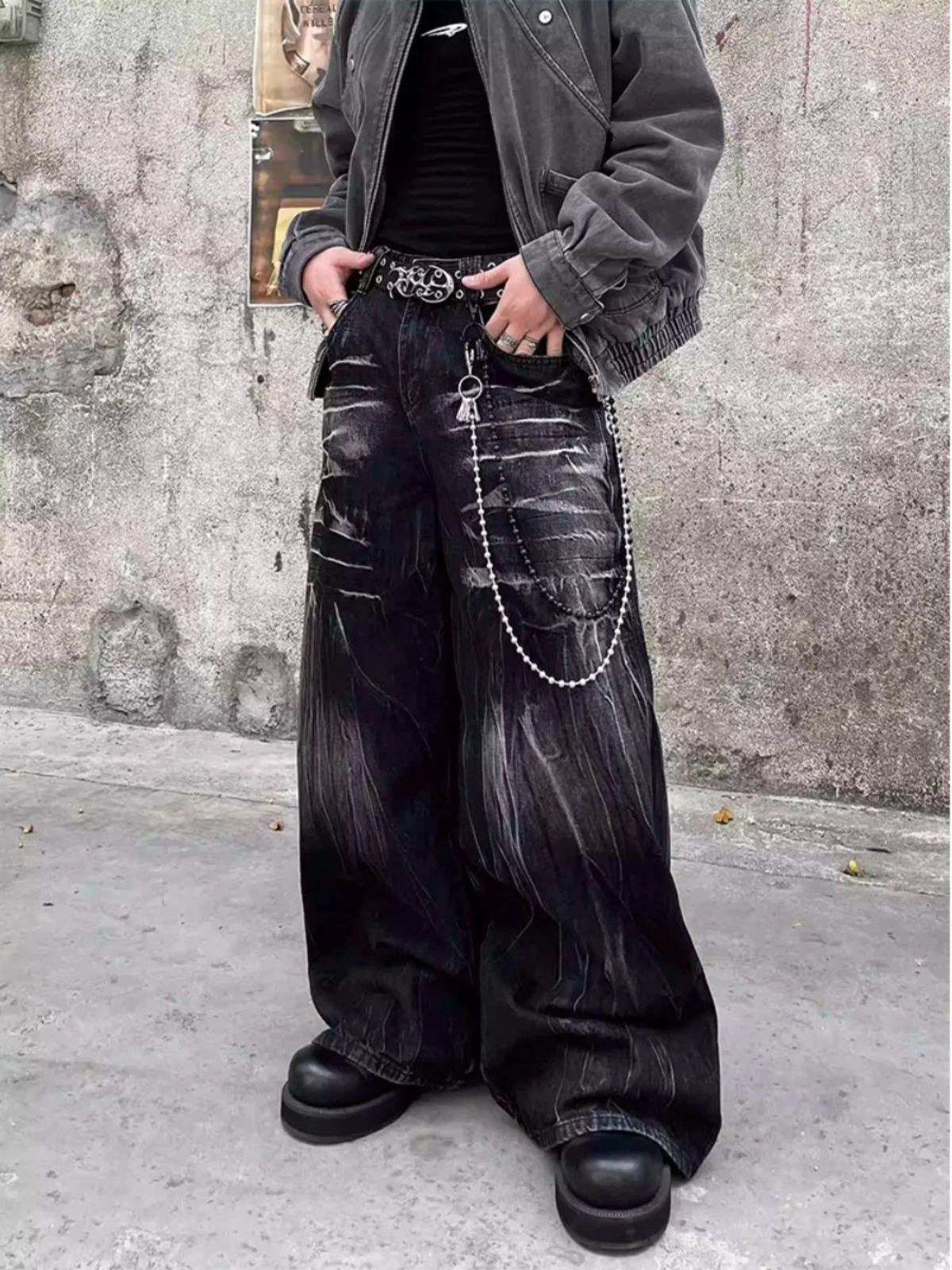 American High Street Vibe Bla Lightning Pattern Loose Wide Leg Jeans Men's Street Sle Cool k Loose Long Pants
American High Street Vibe Bla Lightning Pattern Loose Wide Leg Jeans Men's Street Sle Cool k Loose Long Pants