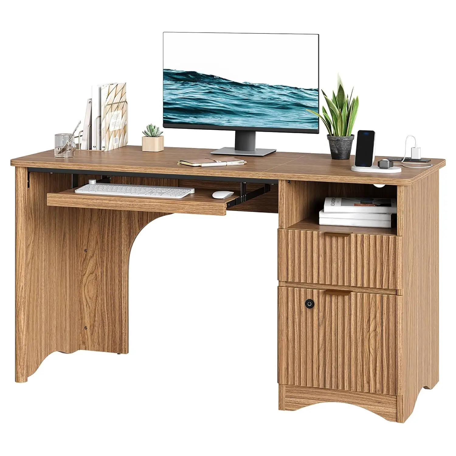 55 Inch Wood Computer Desk with Fingerprint Lockable Drawers and Keyboard Tray,Modern Home Office Desk with File, Customized
55 Inch Wood Computer Desk with Fingerprint Lockable Drawers and Keyboard Tray,Modern Home Office Desk with File, Customized