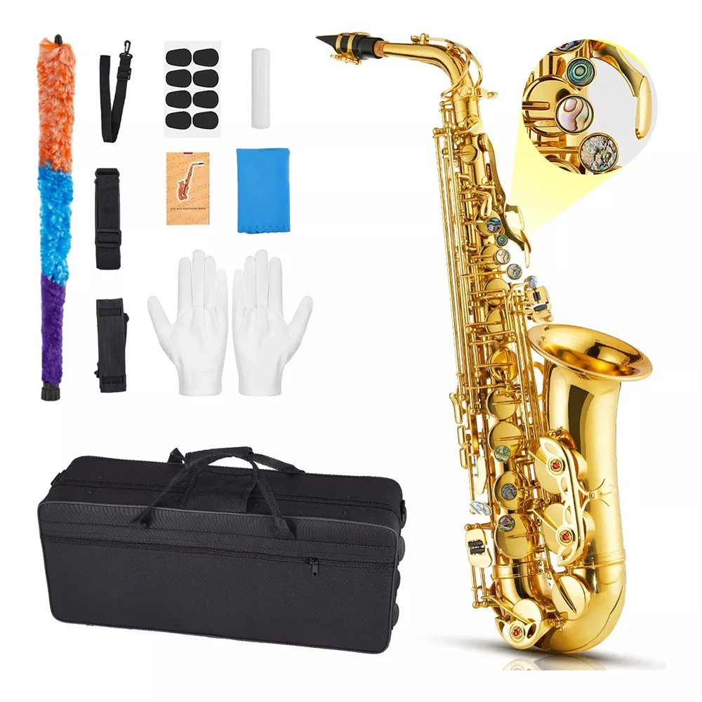 Professional Performance Adult Eb Lacquer Gold Abalone Shell Button Alto Saxophone With Accessory Set