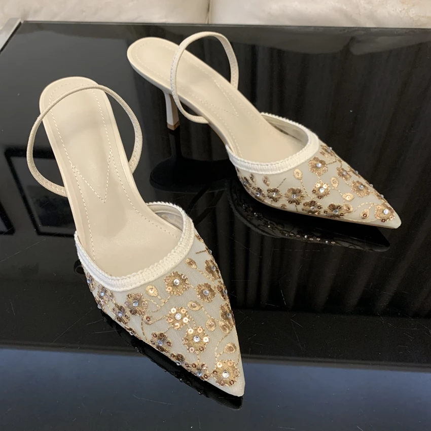 Metal Bling Detail Mesh Women High Heels Pointed Embroidered Heeled Sandals for Ladies Summer Elegant Party Wedding Shoes Woman
Metal Bling Detail Mesh Women High Heels Pointed Embroidered Heeled Sandals for Ladies Summer Elegant Party Wedding Shoes Woman
