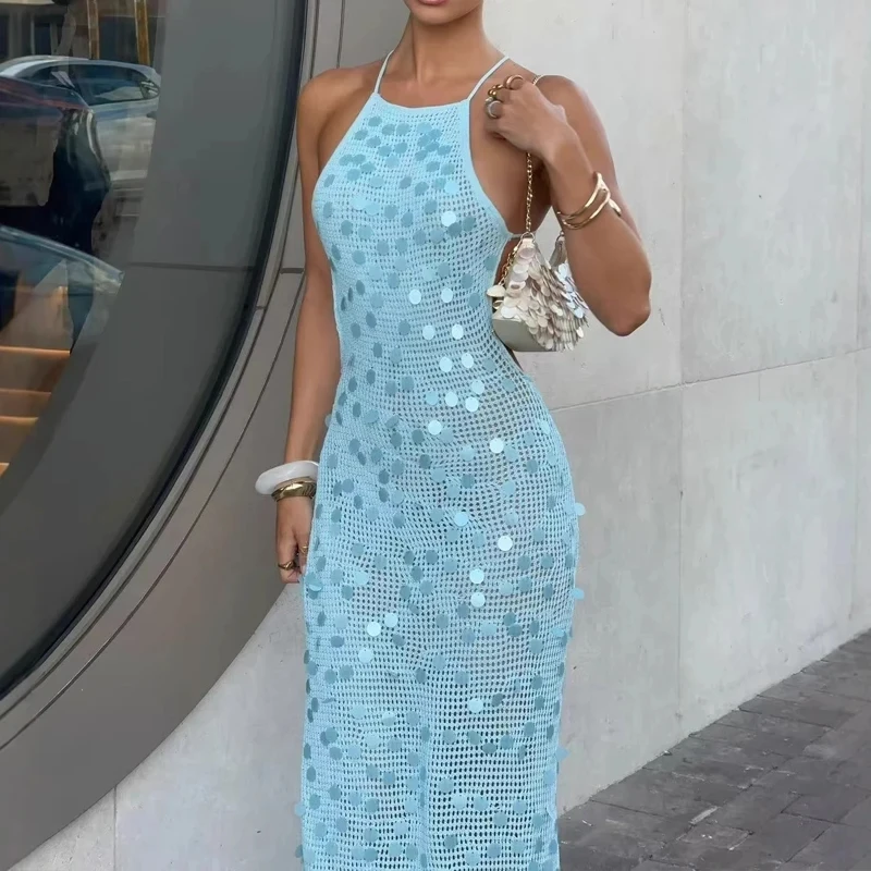 Beach Vacation Backless Slim Maxi Dress Sexy Solid Color Women's Fishtail Dresses Fashion Shiny Sequins Sleeveless Halter Dress
Beach Vacation Backless Slim Maxi Dress Sexy Solid Color Women's Fishtail Dresses Fashion Shiny Sequins Sleeveless Halter Dress