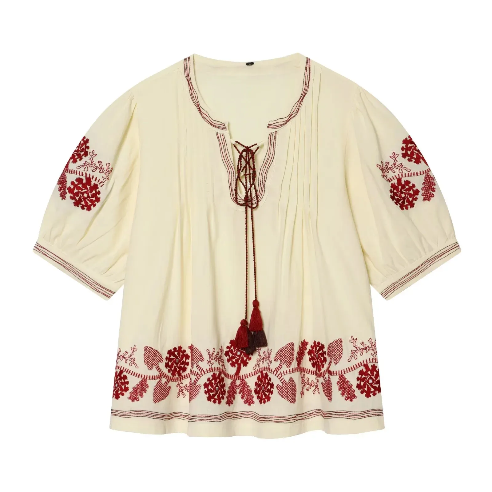 European and American 2026 new summer women's clothing simple casual short-sleeved round neck fashion embroidered tassel shirt
European and American 2026 new summer women's clothing simple casual short-sleeved round neck fashion embroidered tassel shirt