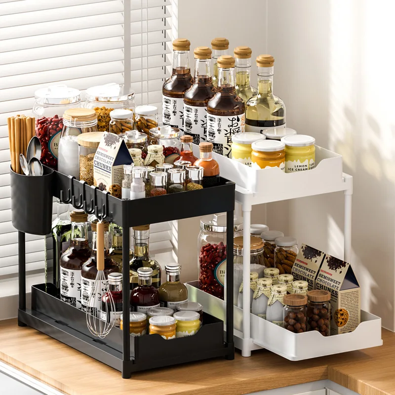 2 Tier Under Sink Sliding Organizer - Cabinet Storage Rack with Hooks & Hanging Cup, Multifunctional Basket for Bathroom Kitchen
2 Tier Under Sink Sliding Organizer - Cabinet Storage Rack with Hooks & Hanging Cup, Multifunctional Basket for Bathroom Kitchen