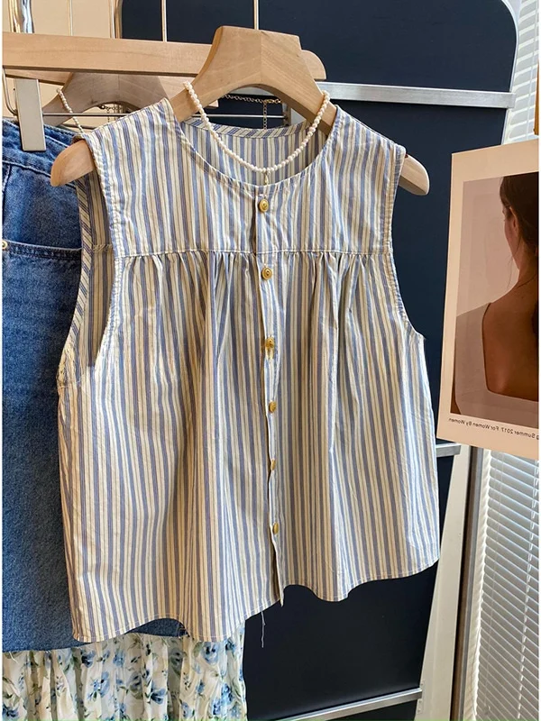Casual Style round Neck Shirt Vest Women's Summer Sleeveless Sweet Youthful Doll Shirt Small Size Striped Pattern Outerwear
Casual Style round Neck Shirt Vest Women's Summer Sleeveless Sweet Youthful Doll Shirt Small Size Striped Pattern Outerwear