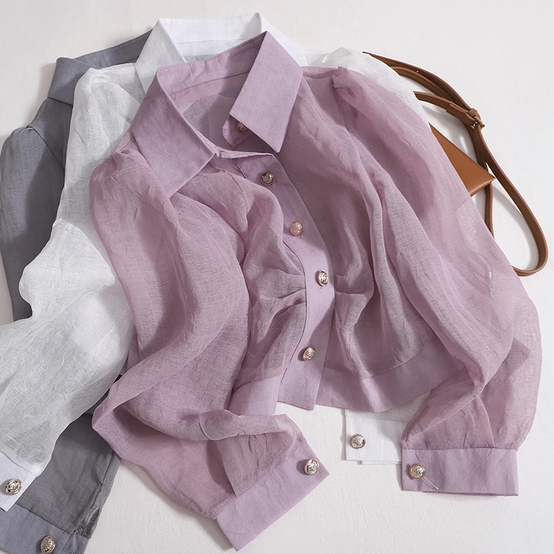 Summer Tulle Sunscreen Shirt Women Single-breasted Pleated Long-sleeved Short Blouse Casual Fashion Turn-down Collar Top
Summer Tulle Sunscreen Shirt Women Single-breasted Pleated Long-sleeved Short Blouse Casual Fashion Turn-down Collar Top
