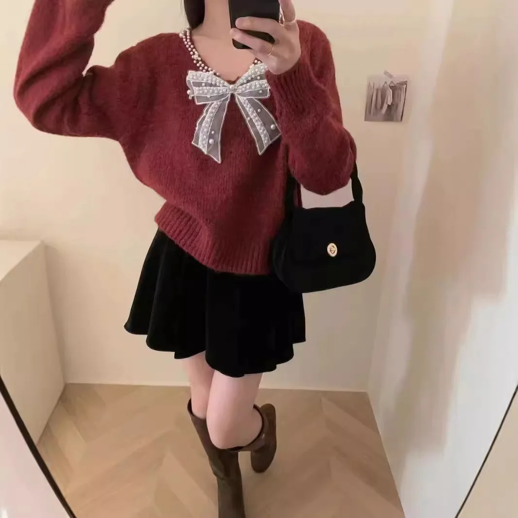 Gentle Style Bow Beads V-neck Sleeve Sweater for Women Autumn and Winter New Loose Knitted Sweater
Gentle Style Bow Beads V-neck Sleeve Sweater for Women Autumn and Winter New Loose Knitted Sweater