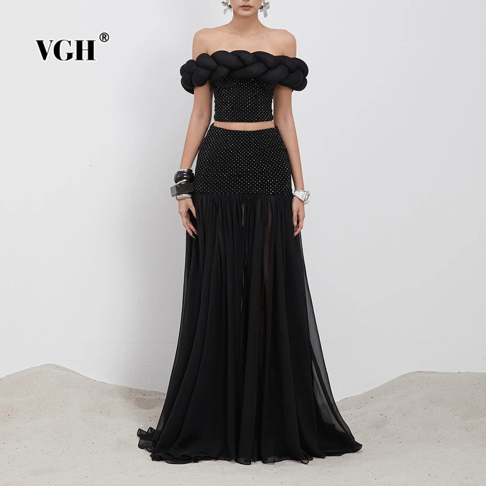 VGH Chic Two Piece Set for Women Slash Neck Short Sleeve Slimming Patchwork Twist Top High Waist Long Mesh Skirt Suit Female New
VGH Chic Two Piece Set for Women Slash Neck Short Sleeve Slimming Patchwork Twist Top High Waist Long Mesh Skirt Suit Female New
