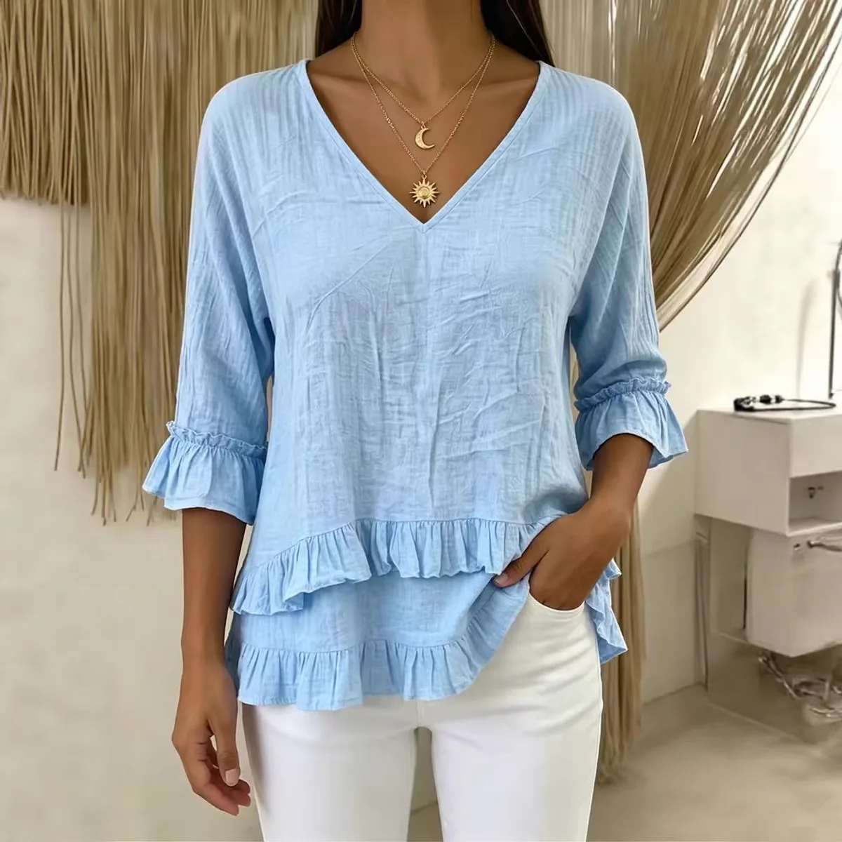 Casual Cotton Linen Women's Shirt V-neck Seven-sleeve Flounce Hem Pure Color Loose Fit Mid-length 2026 New Style Comfortable
Casual Cotton Linen Women's Shirt V-neck Seven-sleeve Flounce Hem Pure Color Loose Fit Mid-length 2026 New Style Comfortable
