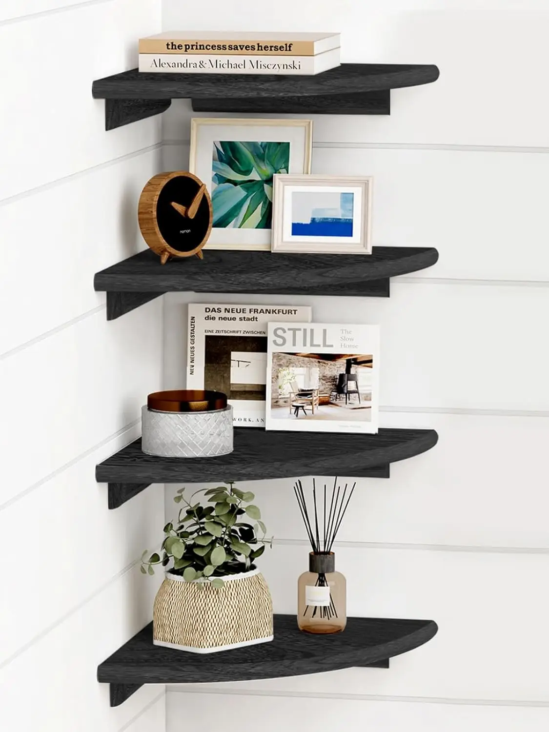Black Corner Floating Shelves for Wall Set of 4, Small Rounded Corner Shelves Wall Mount for Bedroom Books, Mini Wood H
Black Corner Floating Shelves for Wall Set of 4, Small Rounded Corner Shelves Wall Mount for Bedroom Books, Mini Wood H