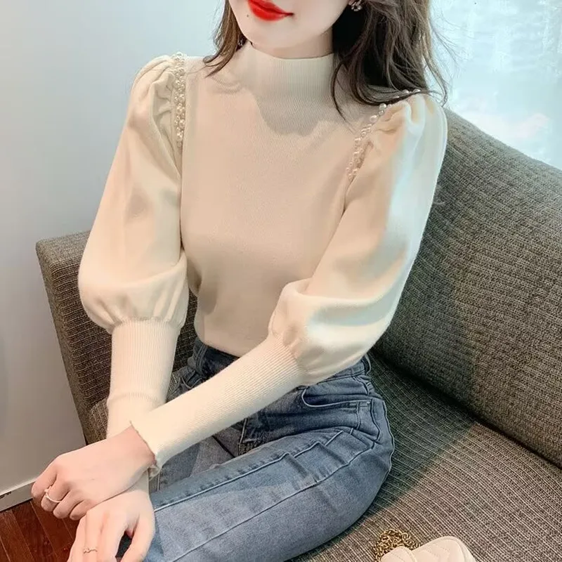 Autumn Winter Women's Beading Puff Sleeve Knit Sweater Mock Neck Base Shirt All-Match Warm Sweater Korean Tops , New, 2025
Autumn Winter Women's Beading Puff Sleeve Knit Sweater Mock Neck Base Shirt All-Match Warm Sweater Korean Tops , New, 2025