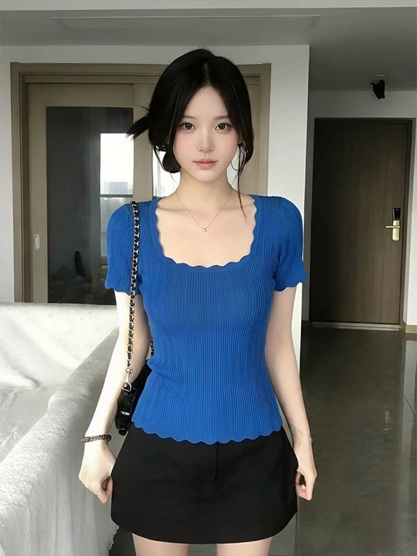 Blue Knitted Short Sleeve T-Shirt Women's Slim Fit Unique Beautiful Design Square Collar Top for Summer Soft Comfortable Mate...
Blue Knitted Short Sleeve T-Shirt Women's Slim Fit Unique Beautiful Design Square Collar Top for Summer Soft Comfortable Mate...