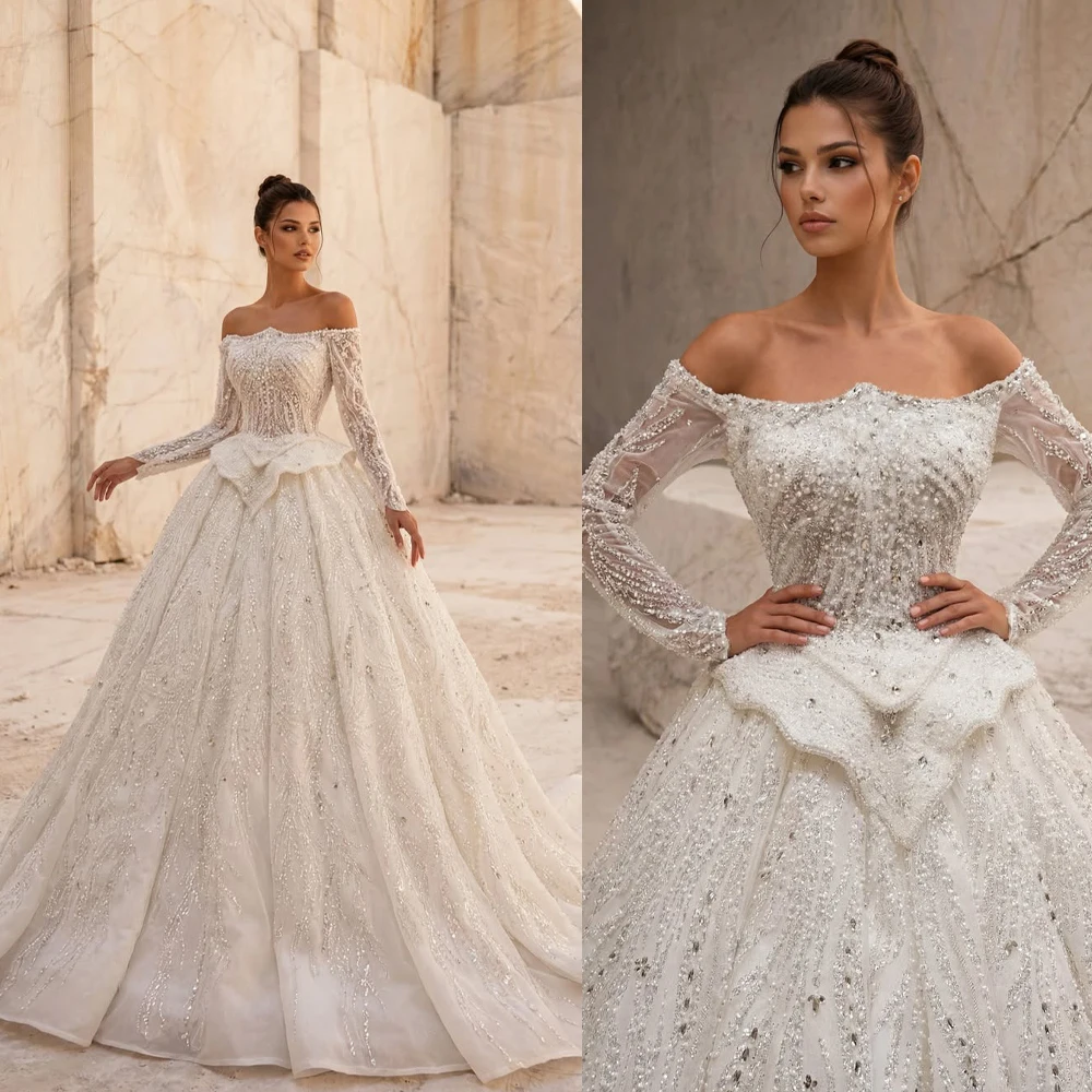 Luxury Crystal Wedding Dresses Off Shoulder Sequins Bridal Ball Gowns Beading Princess Long Sleeves Customized Vestidos De Novia
Luxury Crystal Wedding Dresses Off Shoulder Sequins Bridal Ball Gowns Beading Princess Long Sleeves Customized Vestidos De Novia