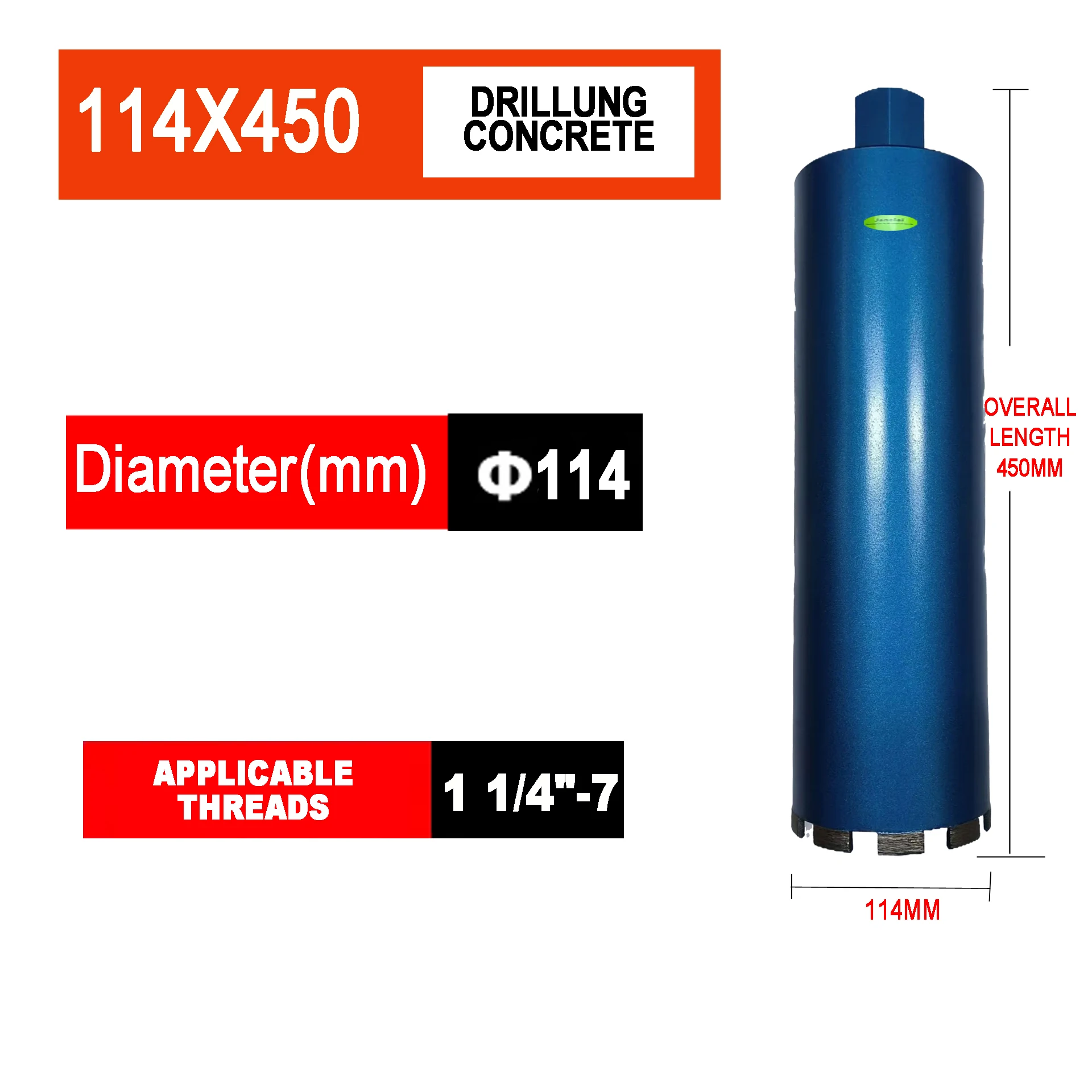 Janelai 114mm Diameter Wet Diamond Core Drill Bits 1-1/4 Thread 450mm Concrete Core Drill Bit Core Bit Turbo
Janelai 114mm Diameter Wet Diamond Core Drill Bits 1-1/4 Thread 450mm Concrete Core Drill Bit Core Bit Turbo