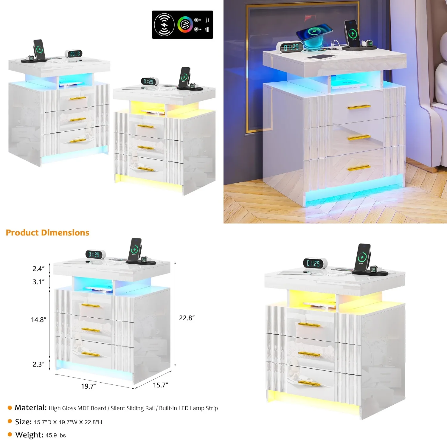 LED Nightstand Charging Station USB Type-C Wireless Auto Sensor High Gloss 3 Drawers Bedroom Customized
LED Nightstand Charging Station USB Type-C Wireless Auto Sensor High Gloss 3 Drawers Bedroom Customized