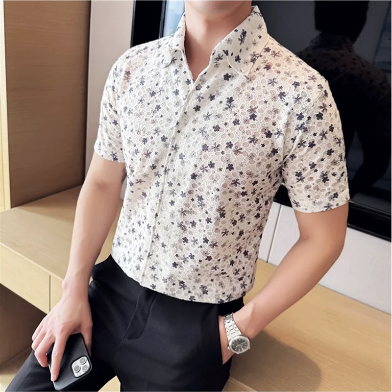 Summer Fashion Sexy V-Neck Short Sleeve Flower Shirt Men Lace Hollow Breathable Business Social Party Shirt Men's Clothing 4XL-M
Summer Fashion Sexy V-Neck Short Sleeve Flower Shirt Men Lace Hollow Breathable Business Social Party Shirt Men's Clothing 4XL-M