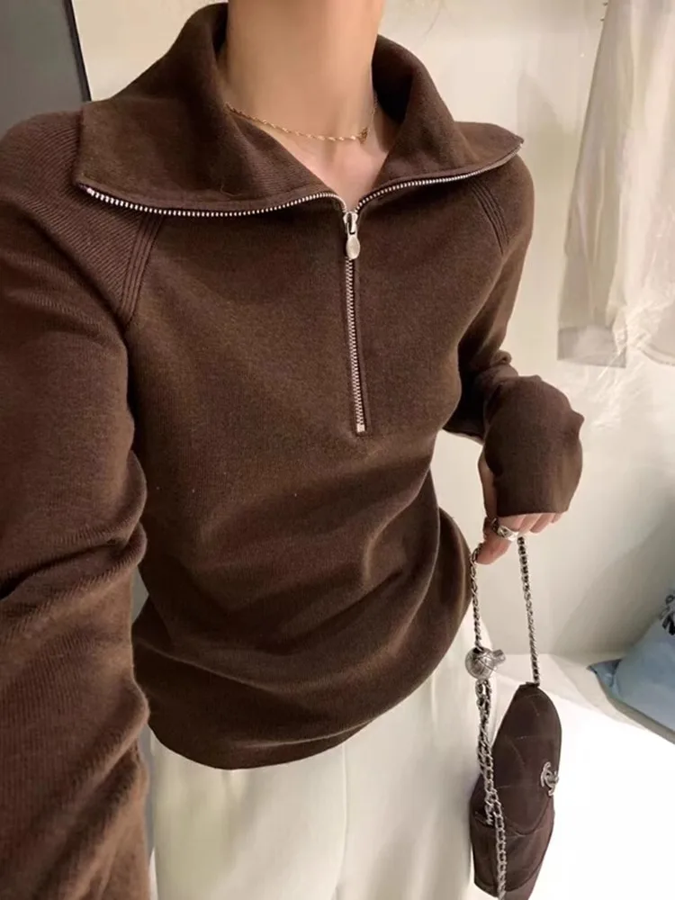 Half Zip High Neck And Lapel Knitted Sweater For Women In Winter Design, Brown Slim Fit Long Sleeved Top
Half Zip High Neck And Lapel Knitted Sweater For Women In Winter Design, Brown Slim Fit Long Sleeved Top