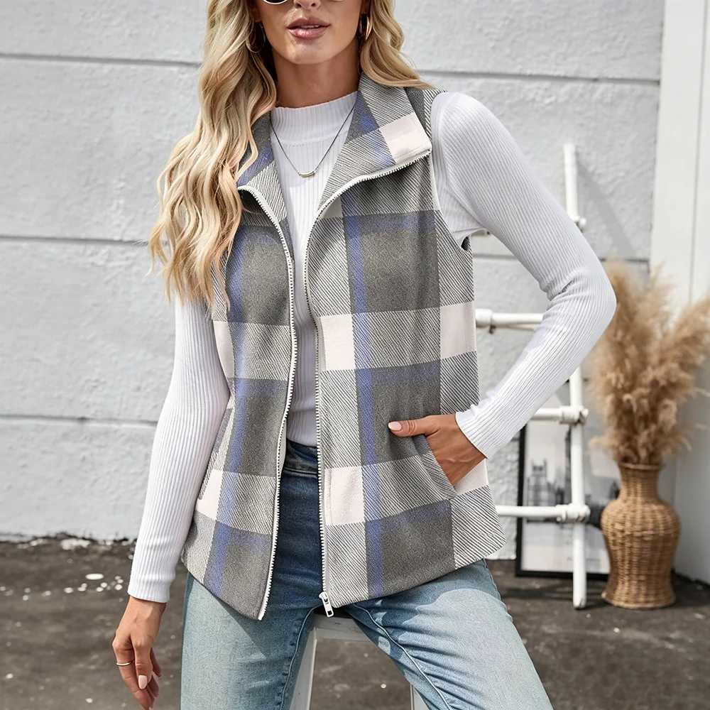 Women's Plaid Zip Up Vest Casual Stand Collar Jacket with Pockets
Women's Plaid Zip Up Vest Casual Stand Collar Jacket with Pockets