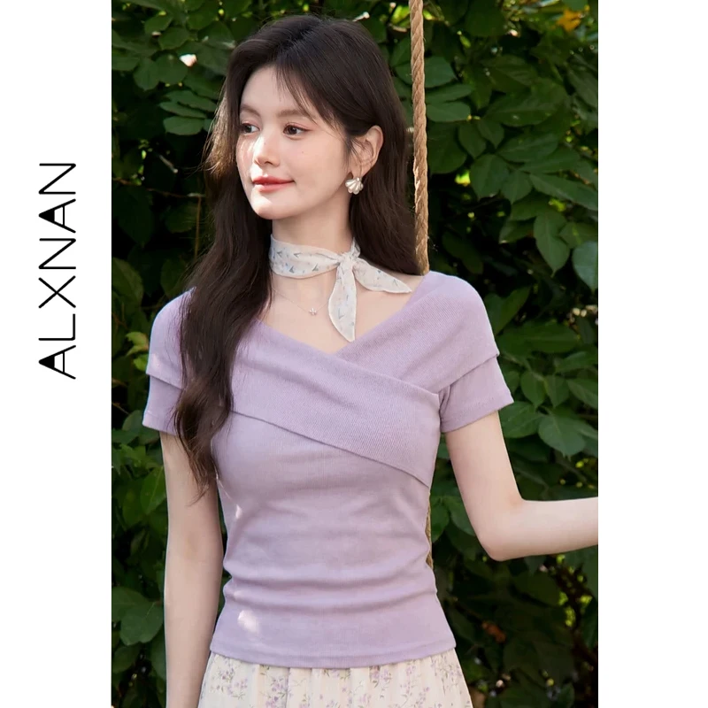 ALXNAN Purple T-shirts 2026 Summer Cross V-neck Knit Short Sleeve T-shirt Women Elegant Casual Fashion Female Clothing L62865A-2
ALXNAN Purple T-shirts 2026 Summer Cross V-neck Knit Short Sleeve T-shirt Women Elegant Casual Fashion Female Clothing L62865A-2