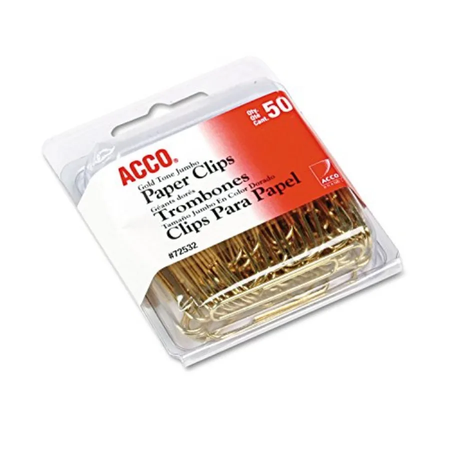 ACCO Paper Clips, Jumbo, Smooth, Gold, 50 Clips/Box 72532
ACCO Paper Clips, Jumbo, Smooth, Gold, 50 Clips/Box 72532