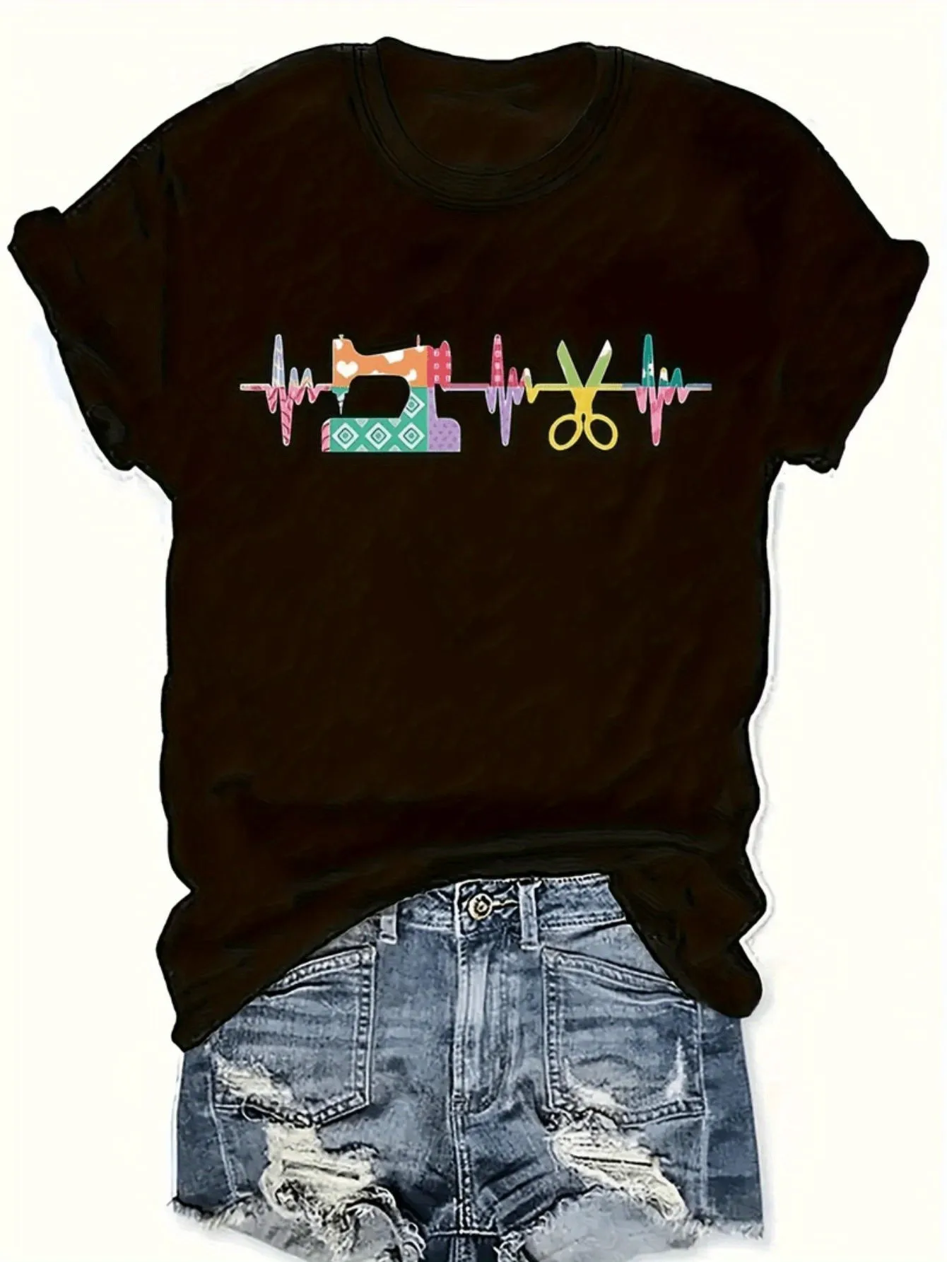 Women's Casual Sewing Machine Pattern T-Shirt, Short-Sleeved, Round Neck, Elastic, Machine Washable, Black with Colorful Scissors and Thread Design, Suitable for Weekend Outings, Sewing Accessories
Women's Casual Sewing Machine Pattern T-Shirt, Short-Sleeved, Round Neck, Elastic, Machine Washable, Black with Colorful Scissors and Thread Design, Suitable for Weekend Outings, Sewing Accessories