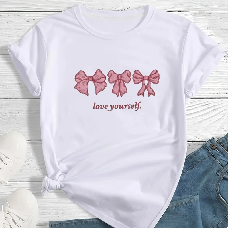 Aesthetic Women's T-shirt Cute Bow Pattern Print Aesthetic Short Sleeve T Shirt Summer Casual Style Graphic Fashion Clothes Tops
Aesthetic Women's T-shirt Cute Bow Pattern Print Aesthetic Short Sleeve T Shirt Summer Casual Style Graphic Fashion Clothes Tops