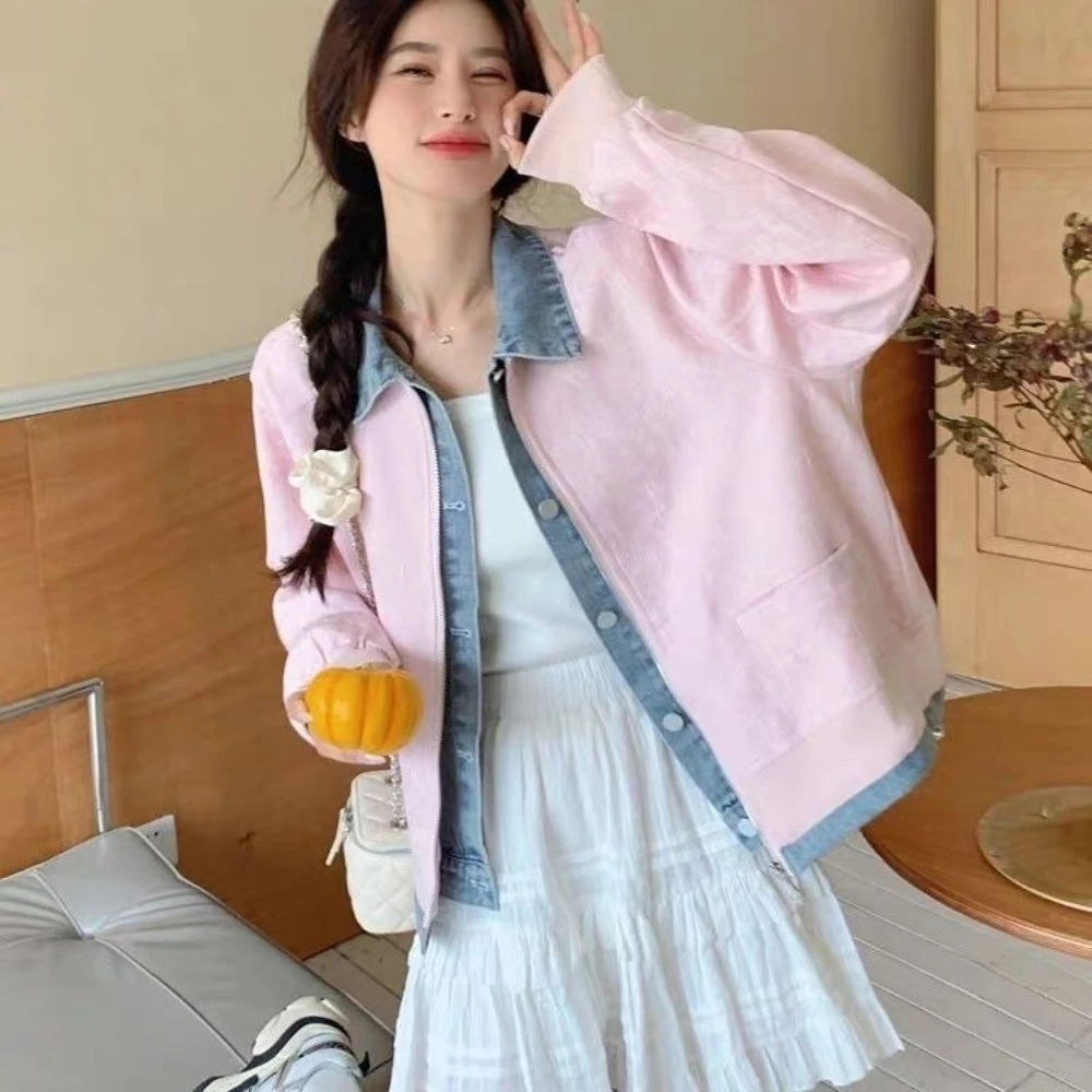 Women's Pink Denim Patchwork Baseball Jacket Coat Fake 2PCS College Style Girls Autumn Spring Long Sleeve Casual Outwear
Women's Pink Denim Patchwork Baseball Jacket Coat Fake 2PCS College Style Girls Autumn Spring Long Sleeve Casual Outwear