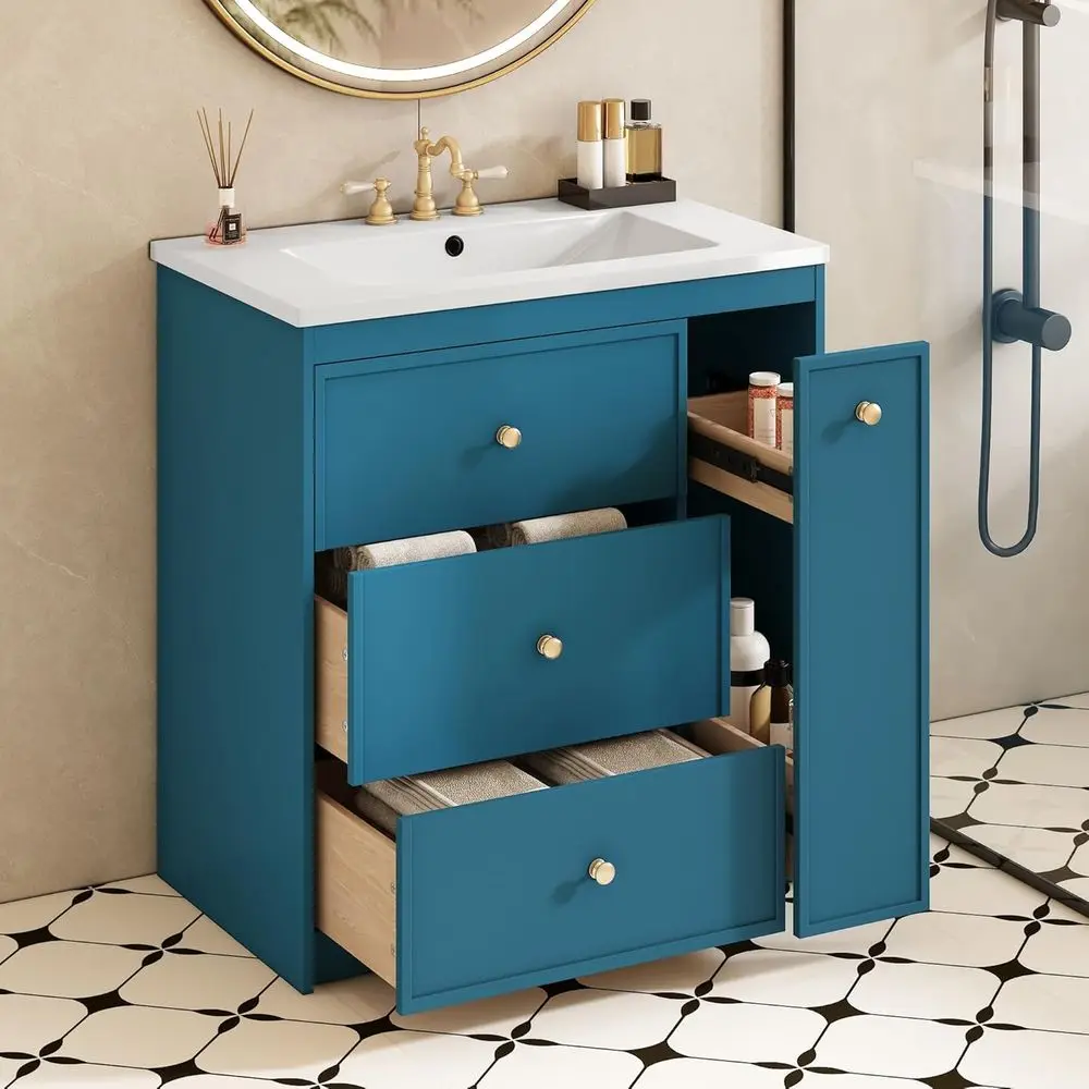Modern 30 Blue Solid Wood Vanity with Ceramic Sink and 3 Drawers for Guest & Master Bathrooms
Modern 30 Blue Solid Wood Vanity with Ceramic Sink and 3 Drawers for Guest & Master Bathrooms