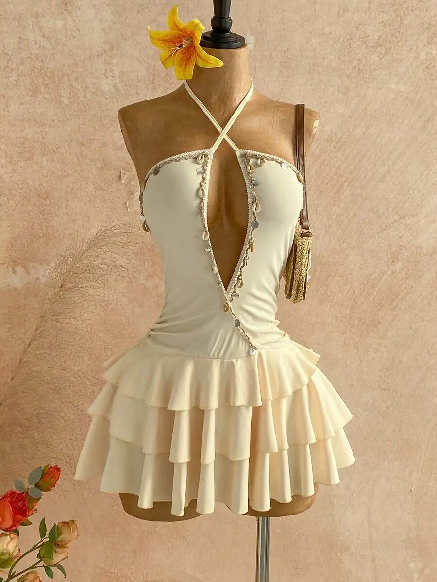 Boho Ruffle Mini Dress With Shell Embellishment Halter Neck Backless Beach Vacation Party Dress
Boho Ruffle Mini Dress With Shell Embellishment Halter Neck Backless Beach Vacation Party Dress