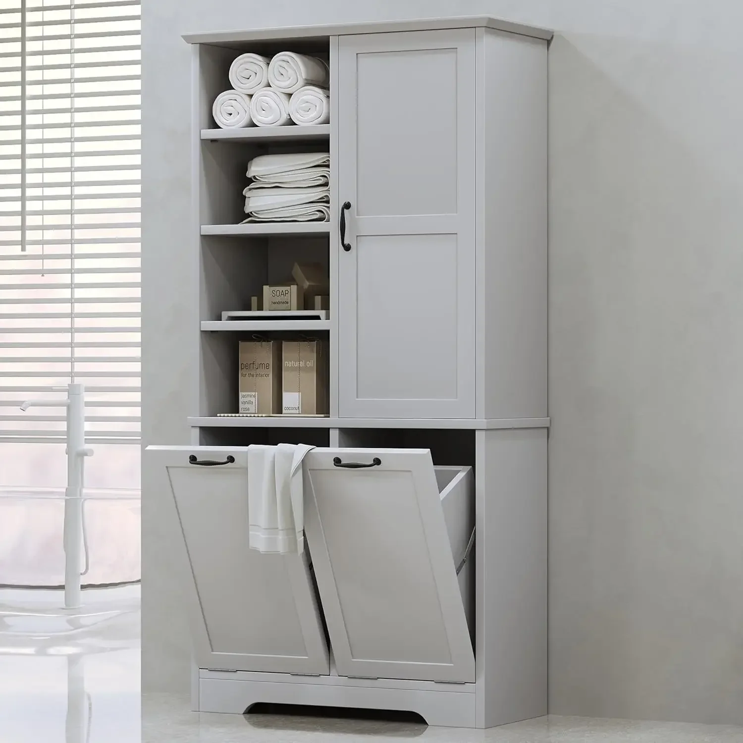 Tall Gray Bathroom Storage Cabinet With One Door Two Laundry Hampers Adjustable Shelf
Tall Gray Bathroom Storage Cabinet With One Door Two Laundry Hampers Adjustable Shelf