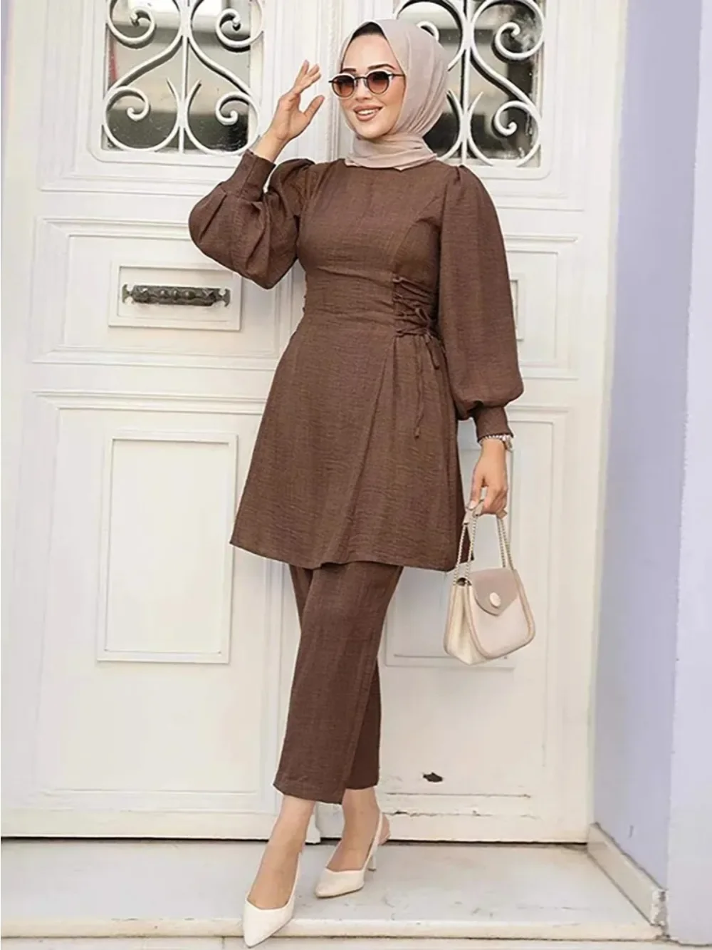 Muslim 2 Piece Set Women Lace Up Long Top Shirt Straight Pants Suit Ramadan Morocco Dubai Islam Ensemble Trousers Arabic Outfits
Muslim 2 Piece Set Women Lace Up Long Top Shirt Straight Pants Suit Ramadan Morocco Dubai Islam Ensemble Trousers Arabic Outfits