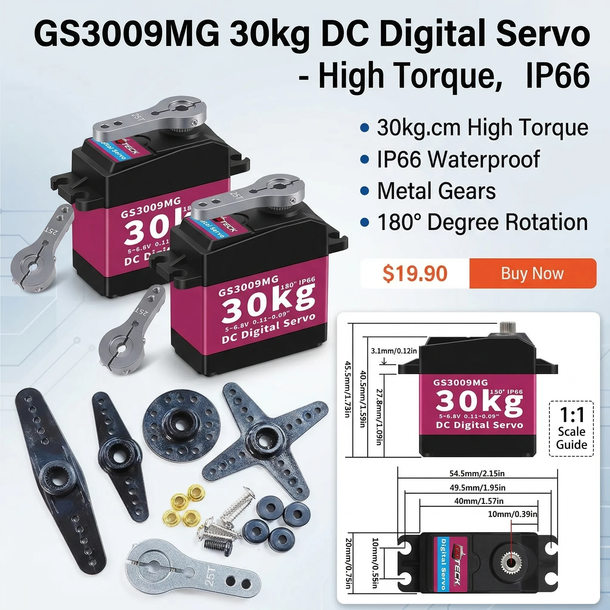 GOTECK 20KG 30KG Digital Servo Metal Gear Waterproof Steering Servo with 25T Horn for 1/8 1/10 RC Crawler Car Boat DIY
GOTECK 20KG 30KG Digital Servo Metal Gear Waterproof Steering Servo with 25T Horn for 1/8 1/10 RC Crawler Car Boat DIY