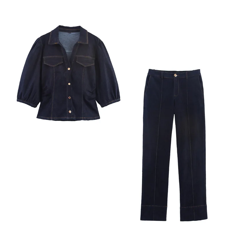 Женская джинсовая рубашка с рукавами-пузырьками, джинсовый комплект
Женская джинсовая рубашка с рукавами-пузырьками, джинсовый комплект