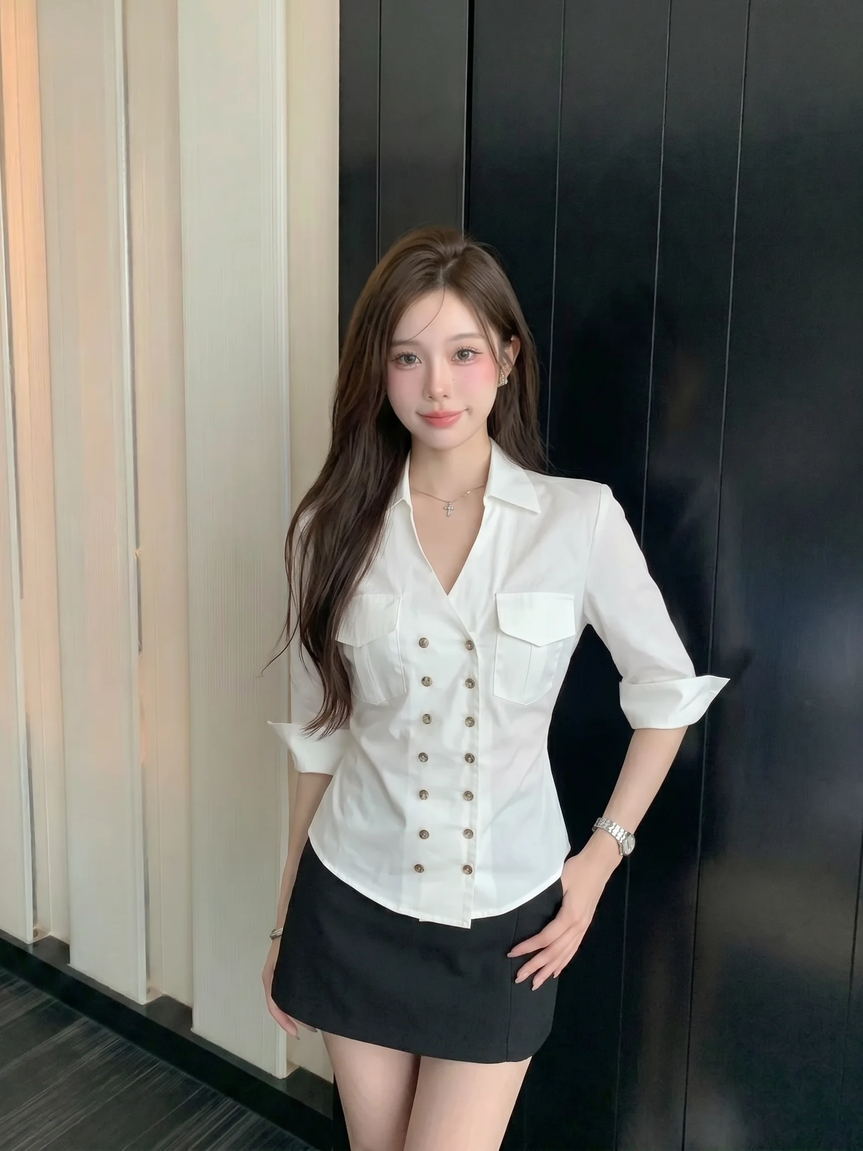 White Women's Shirt Commute Style Mid-Sleeve Double Button Waist-Cinching Slim Fit Design Sense Top Summer Fashion
White Women's Shirt Commute Style Mid-Sleeve Double Button Waist-Cinching Slim Fit Design Sense Top Summer Fashion