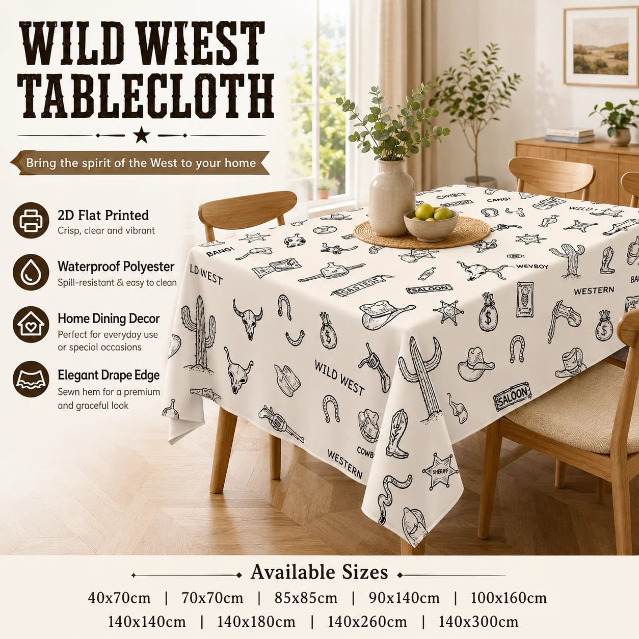 Wild West Western Cowboy Tablecloth Waterproof Polyester 2D Flat Printed Table Cover For Kitchen Dining Room Spring Summer Decor
Wild West Western Cowboy Tablecloth Waterproof Polyester 2D Flat Printed Table Cover For Kitchen Dining Room Spring Summer Decor