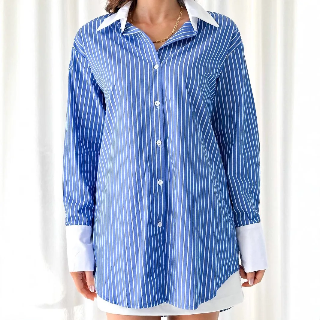 2024 Autumn New Korean Version Lapel Blue and White Striped Color Matching Top, Loose Casual Outer Shirt Women's Clothing
2024 Autumn New Korean Version Lapel Blue and White Striped Color Matching Top, Loose Casual Outer Shirt Women's Clothing