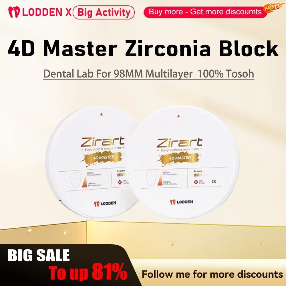 Lodden 4D Master Zirconia Block Multilayer 100% Tosoh Zriart 98mm Multi-Color Open Zirconia Disc CAD/CAM Dental Lab Materials
Lodden 4D Master Zirconia Block Multilayer 100% Tosoh Zriart 98mm Multi-Color Open Zirconia Disc CAD/CAM Dental Lab Materials