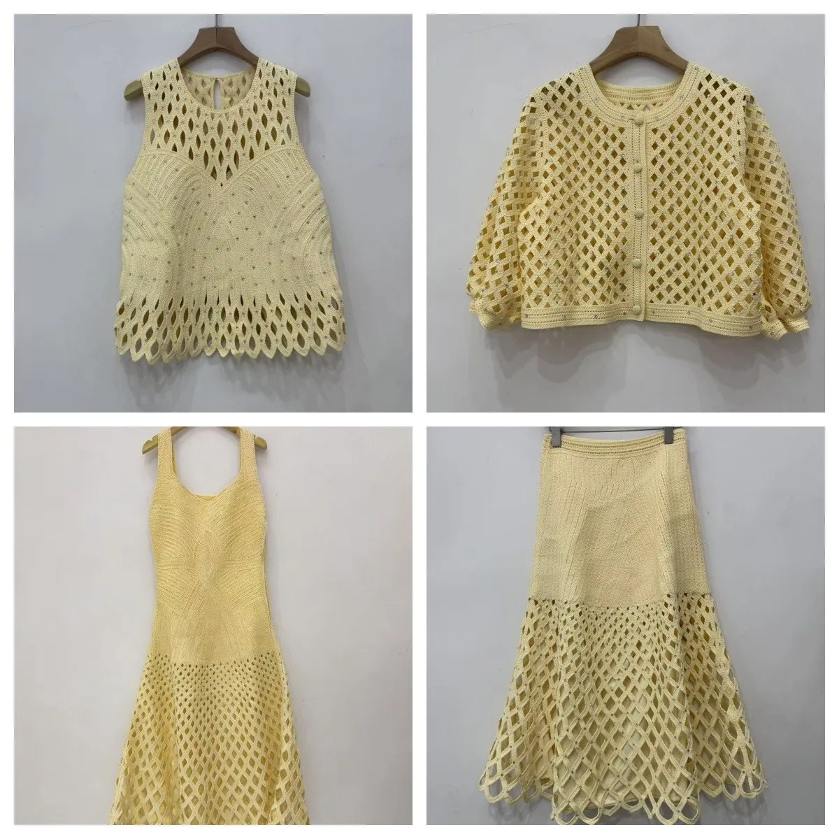 Women Hollow Out Knit Set Diamond Embellished Cardigan + O-Neck Vest + High Waist Midi Skirt + Sleeveless Dress 2026 Spring
Women Hollow Out Knit Set Diamond Embellished Cardigan + O-Neck Vest + High Waist Midi Skirt + Sleeveless Dress 2026 Spring