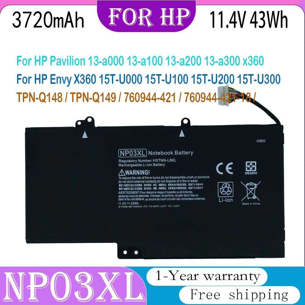 NP03XL Laptop Battery For HP Pavilion X360 13-A010DX NP03XL TPN-Q146 TPN-Q147 TPN-Q148 HSTNN-LB6L 760944-421 15-U010DX
NP03XL Laptop Battery For HP Pavilion X360 13-A010DX NP03XL TPN-Q146 TPN-Q147 TPN-Q148 HSTNN-LB6L 760944-421 15-U010DX